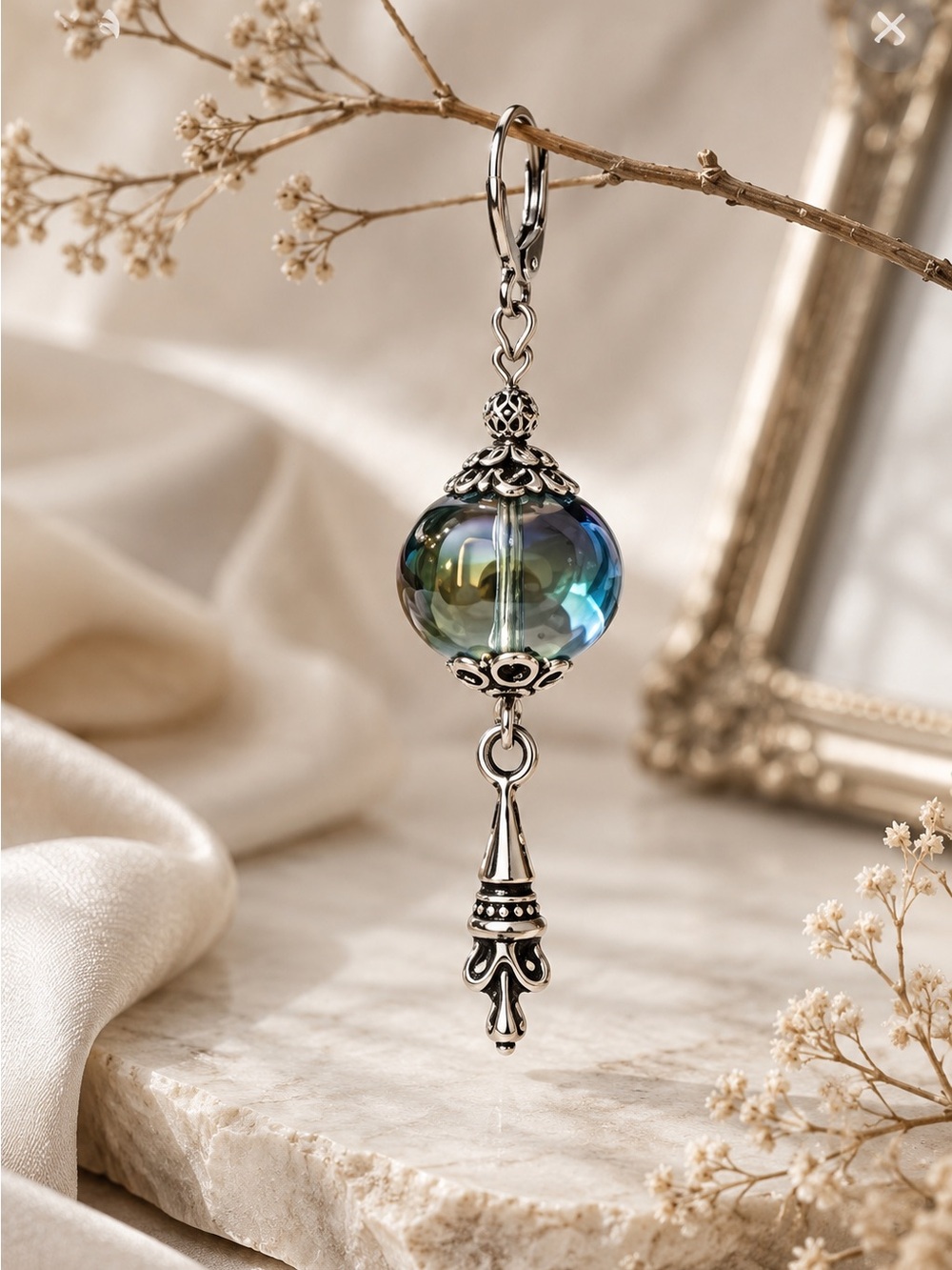 Iridescent Czech Glass Boho Earrings, Silver Dangle, MTO - Picture 3 of 11